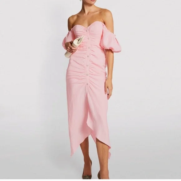 RONNY KOBO STEVIE PINK RUCHED MIDI DRESS SMALL - Picture 2 of 3